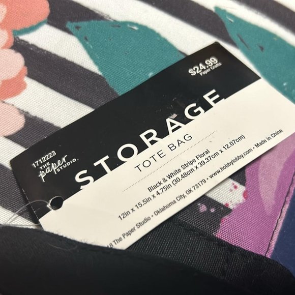 The Paper Studio Storage Tote Bag Black & White Stripe Floral - NEW w/tag - Picture 5 of 5